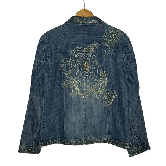 Chico's  Women's Blue Denim Jean Jacket Embroidered Zip Up Size 2 (12) - Picture 2 of 8